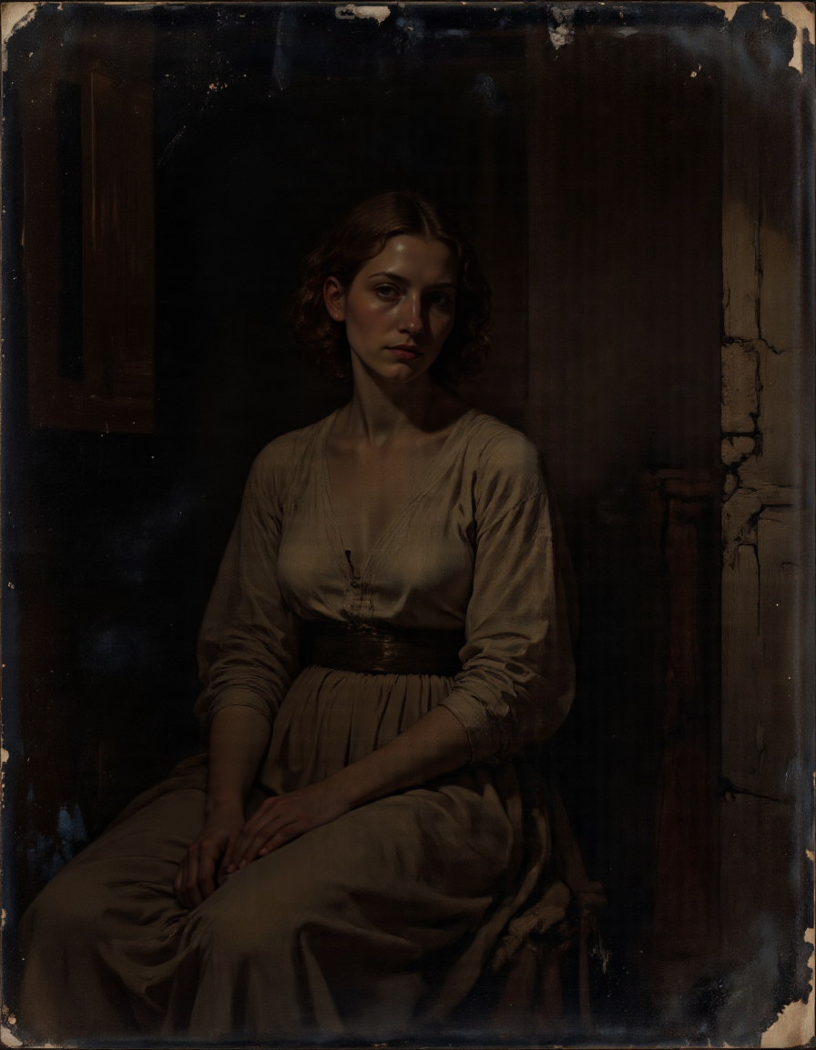 The  WB ambrotype old scratched and stained photo shows a Rembrandt style full body shot of, <lora:SuperModel-V8:1>, This is a highly emotive, realistic oil painting that captures the raw vulnerability of a woman sitting in near-total darkness, her presence both intimate and profound. The scene invites viewers into her private moment of weariness, creating an unspoken connection through her steady gaze., Subject Description, Figure : The woman has a full-bodied frame, with soft curves that reflect strength and warmth. Her posture conveys exhaustionâslightly slouched but still upright, as if sheâs trying to maintain dignity despite her fatigue. Her small breasts are natural and unaltered, adding to the authenticity of her form., Skin Tone & Complexion : Her skin glows faintly under the dim light, revealing subtle imperfections such as faint freckles or lines around her eyes, which enhance her humanity. A pale sheen of sweat glistens on her forehead, hinting at physical exertion or emotional strain., Hair : Her hair falls loosely over her shoulders, framing her face in a way that draws attention to her expression. It may be slightly disheveled, reflecting her state of mind., Expression, Her face carries a look of quiet contemplation mixed with exhaustion. Her eyes, though weary, lock onto the viewer with unwavering intensity, creating a sense of intimacy and shared understanding. Thereâs no smile, nor frownâjust a neutral yet deeply meaningful stare that feels almost confrontational in its honesty., Pose, She sits directly facing the viewer, knees bent and feet flat on the ground. Her arms rest lightly on her thighs, fingers relaxed but not entirely limp. This straightforward pose emphasizes her openness and vulnerability, inviting the audience to meet her gaze without distraction., Lighting & Background, The setting is shrouded in deep shadows, with only a minimal source of light illuminating her figure from the front. This could be a single candle or the faint glow of moonlight filtering through a nearby window. The background is almost entirely obscured by darkness, allowing the woman to dominate the composition. However, hints of textureâa rough stone wall or worn wooden floorâcan peek through the shadows, grounding the scene in reality., Atmosphere, The mood is introspective and somber, underscored by the stark contrast between her illuminated form and the surrounding gloom. The absence of color (apart from the warm tones of her skin) enhances the sense of isolation and focus, drawing all attention to her presence and expression., Details, Texture : Pay close attention to the textures of her skin, hair, and the surfaces around her. Every wrinkle, strand of hair, and grain of wood should feel tangible, pulling the viewer deeper into the scene., Color Palette : Use muted earthy tonesâsoft browns, grays, and creamsâfor her skin and surroundings. Any highlights should remain subtle, preserving the subdued atmosphere., Emotional Weight : Convey her weariness not just through her posture but also through her facial musclesâthe slight sagging of her eyelids, the gentle tension in her jaw, and the way her lips part ever so slightly as if sheâs about to speak but holds back., Overall Style, The painting adheres to the principles of classical realism, focusing on precise anatomy and lifelike detail while infusing the piece with modern psychological depth. Its simplicity belies its complexity, offering layers of meaning for those who take the time to engage with it fully., . Whole outfit, clear, sharp, balanced . Baroque, chiaroscuro, realistic, emotional, "flat lighting