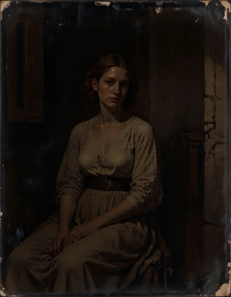 The WB ambrotype old scratched and stained photo shows a Rembrandt style full body shot of, <lora:SuperModel-V8:1>, This is a highly emotive, realistic oil painting that captures the raw vulnerability of a woman sitting in near-total darkness, her presence both intimate and profound. The scene invites viewers into her private moment of weariness, creating an unspoken connection through her steady gaze., Subject Description, Figure : The woman has a full-bodied frame, with soft curves that reflect strength and warmth. Her posture conveys exhaustion—slightly slouched but still upright, as if she’s trying to maintain dignity despite her fatigue. Her small breasts are natural and unaltered, adding to the authenticity of her form., Skin Tone & Complexion : Her skin glows faintly under the dim light, revealing subtle imperfections such as faint freckles or lines around her eyes, which enhance her humanity. A pale sheen of sweat glistens on her forehead, hinting at physical exertion or emotional strain., Hair : Her hair falls loosely over her shoulders, framing her face in a way that draws attention to her expression. It may be slightly disheveled, reflecting her state of mind., Expression, Her face carries a look of quiet contemplation mixed with exhaustion. Her eyes, though weary, lock onto the viewer with unwavering intensity, creating a sense of intimacy and shared understanding. There’s no smile, nor frown—just a neutral yet deeply meaningful stare that feels almost confrontational in its honesty., Pose, She sits directly facing the viewer, knees bent and feet flat on the ground. Her arms rest lightly on her thighs, fingers relaxed but not entirely limp. This straightforward pose emphasizes her openness and vulnerability, inviting the audience to meet her gaze without distraction., Lighting & Background, The setting is shrouded in deep shadows, with only a minimal source of light illuminating her figure from the front. This could be a single candle or the faint glow of moonlight filtering through a nearby window. The background is almost entirely obscured by darkness, allowing the woman to dominate the composition. However, hints of texture—a rough stone wall or worn wooden floor—can peek through the shadows, grounding the scene in reality., Atmosphere, The mood is introspective and somber, underscored by the stark contrast between her illuminated form and the surrounding gloom. The absence of color (apart from the warm tones of her skin) enhances the sense of isolation and focus, drawing all attention to her presence and expression., Details, Texture : Pay close attention to the textures of her skin, hair, and the surfaces around her. Every wrinkle, strand of hair, and grain of wood should feel tangible, pulling the viewer deeper into the scene., Color Palette : Use muted earthy tones—soft browns, grays, and creams—for her skin and surroundings. Any highlights should remain subtle, preserving the subdued atmosphere., Emotional Weight : Convey her weariness not just through her posture but also through her facial muscles—the slight sagging of her eyelids, the gentle tension in her jaw, and the way her lips part ever so slightly as if she’s about to speak but holds back., Overall Style, The painting adheres to the principles of classical realism, focusing on precise anatomy and lifelike detail while infusing the piece with modern psychological depth. Its simplicity belies its complexity, offering layers of meaning for those who take the time to engage with it fully., . Whole outfit, clear, sharp, balanced . Baroque, chiaroscuro, realistic, emotional, "flat lighting