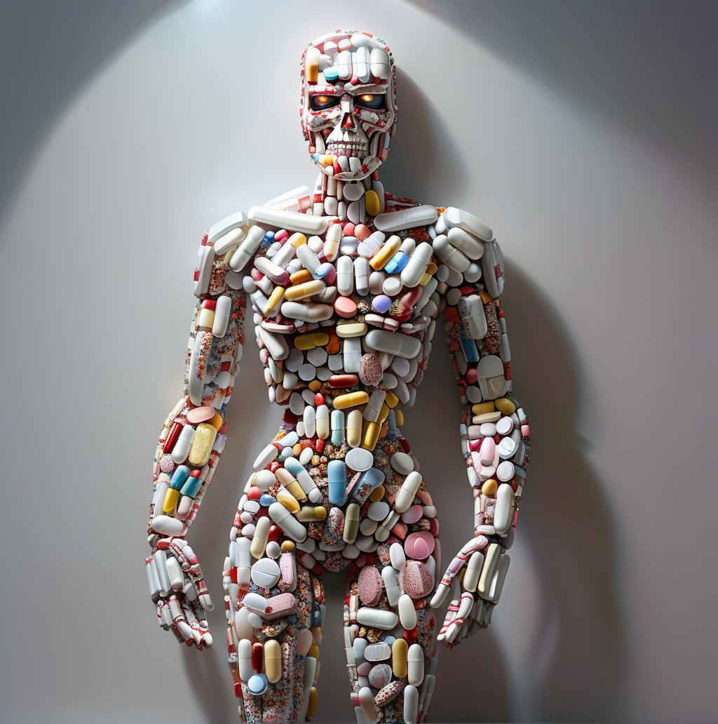 pills terminator full body with pills, beautiful lighting and framing, a very detailed masterpiece, 3d <lora:pills:1.2>