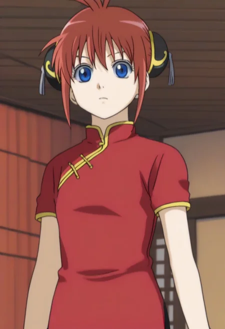 <lora:Kagura:0.8>blue eyes, red hair, Kagura red cheongsam with yellow piping outfit, Chinese clothes, double bun, bun cover, China dress,