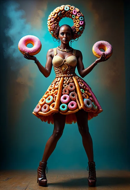 d0nu71f13d, An epic photo of an avant-garde Afropunk fashion model wearing a dress made of doughnuts, neon color, masterpiece, best quality, highly detailed, sharp focus, dynamic lighting, flux-style, mobe-cybideen