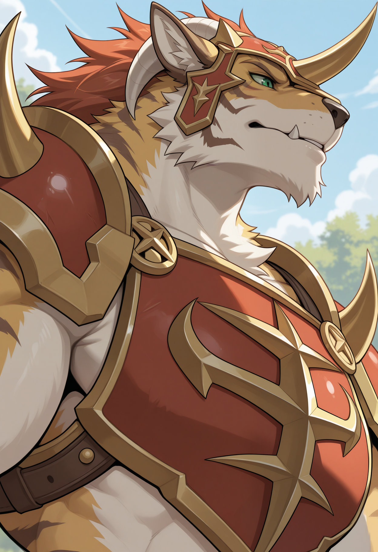 masterpiece,best quality,amazing quality, 1boy, solo, L4qu4r1, furry,horned red helmet, red breastplate, close up, side angle, green sclera, green eyes, outdoors,
