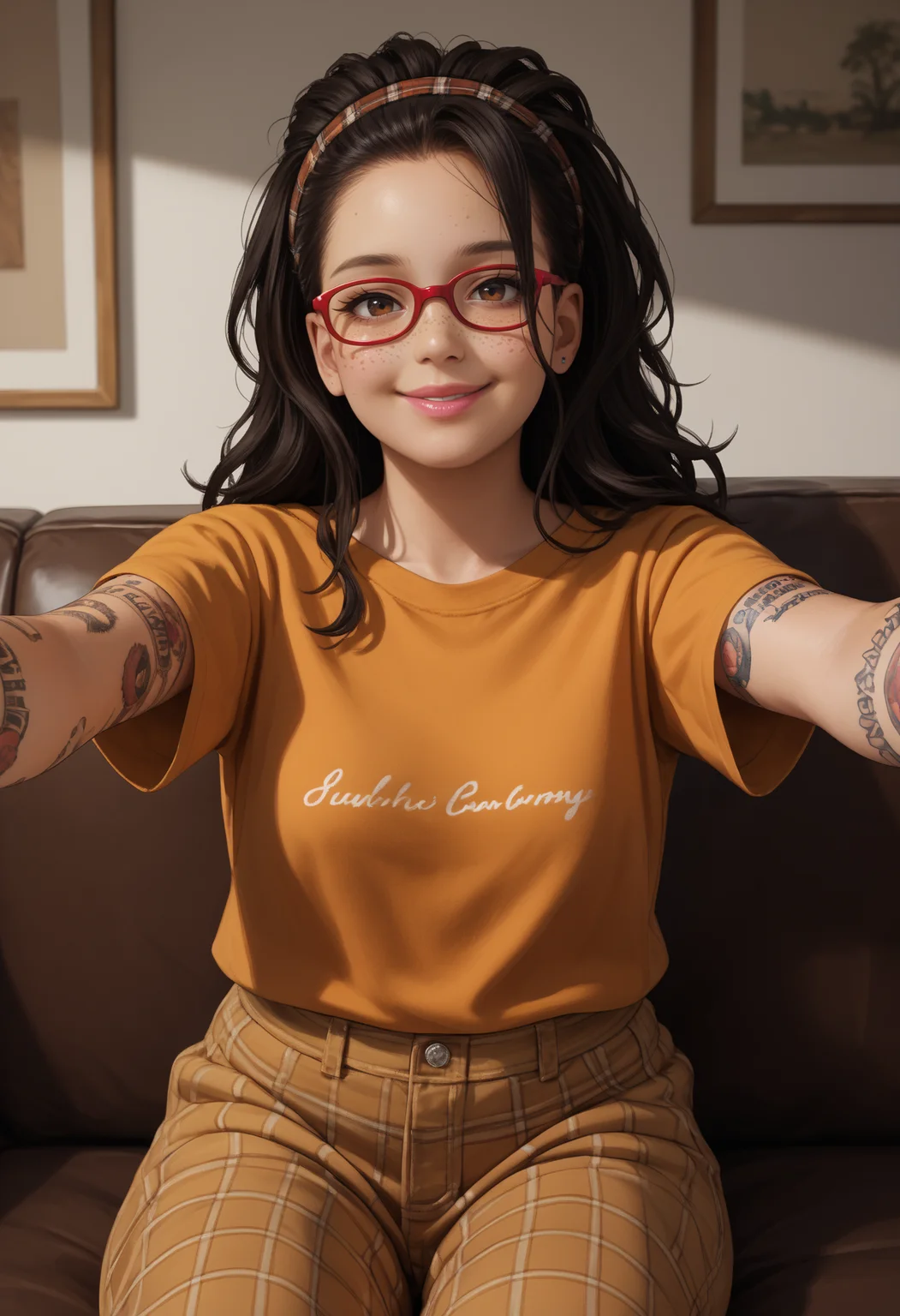 score_9, score_8_up,score_7_up, source_anime, 1girl, solo, <lora:DMCNC_pdxl_EliPot:1> Ncltt, mature female,
black hair, long hair, brown eyes, glasses, red-framed eyewear, plaid hairband, freckles,
arm tattoo, hand tattoo, nail polish,
pink lips, orange t-shirt, baggy pants, outstretched arms, blush smiling, sitting on couch, in living room, looking at viewer, pov, incoming hug,