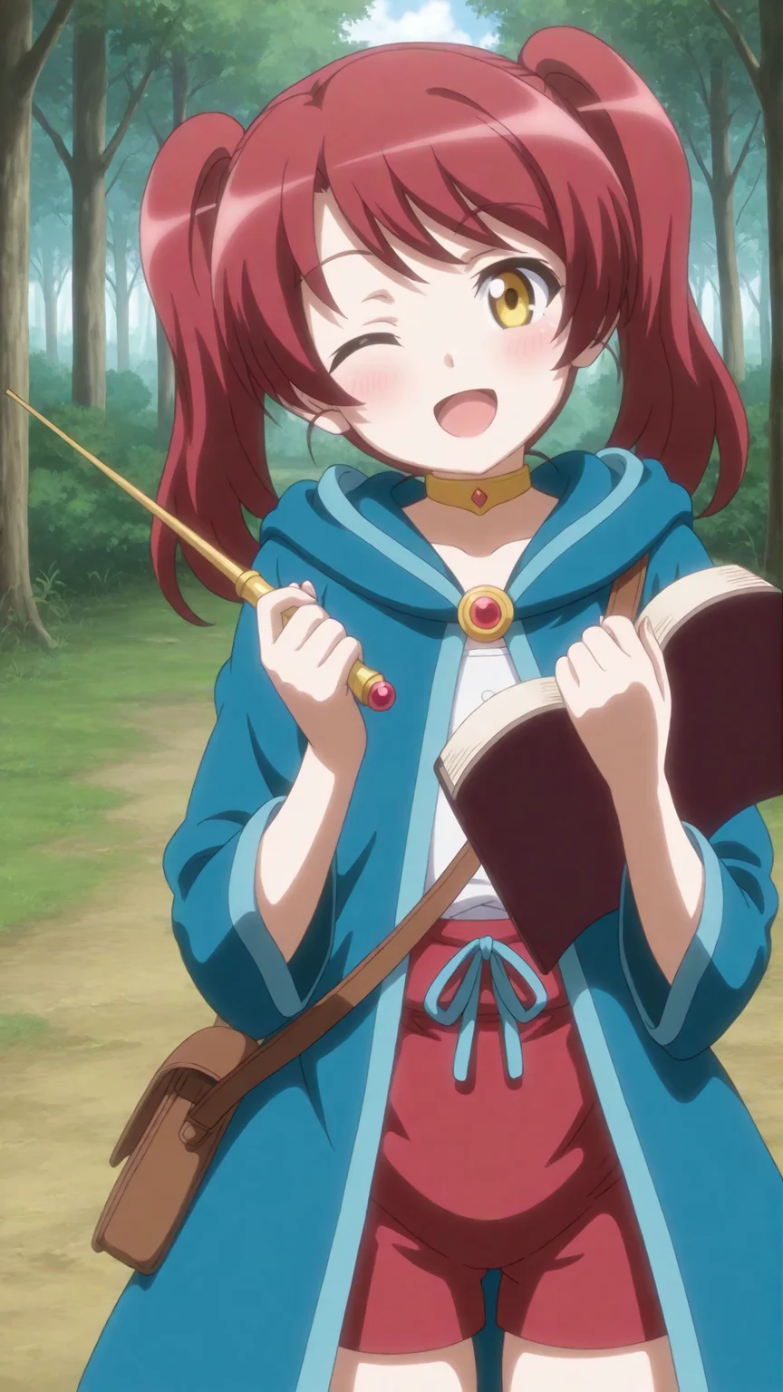 score_9, score_8_up, score_7_up, derpibooru_p_95, uncensored, masterpiece, absurdres, source_anime, <lora:hand 4:1>, perfection, 1girl, solo, standing, facing viewer, looking at viewer, holding wand, holding open book, head tilt, winking, smile, open mouth, blush, forest, cowboy shot, BREAK, <lora:IL_Jayda_Goblin_no_Suana:0.8>, jayda, yellow eyes, red hair, medium hair, twintails, white blouse, red shorts, blue cloak, gold choker, satchel,