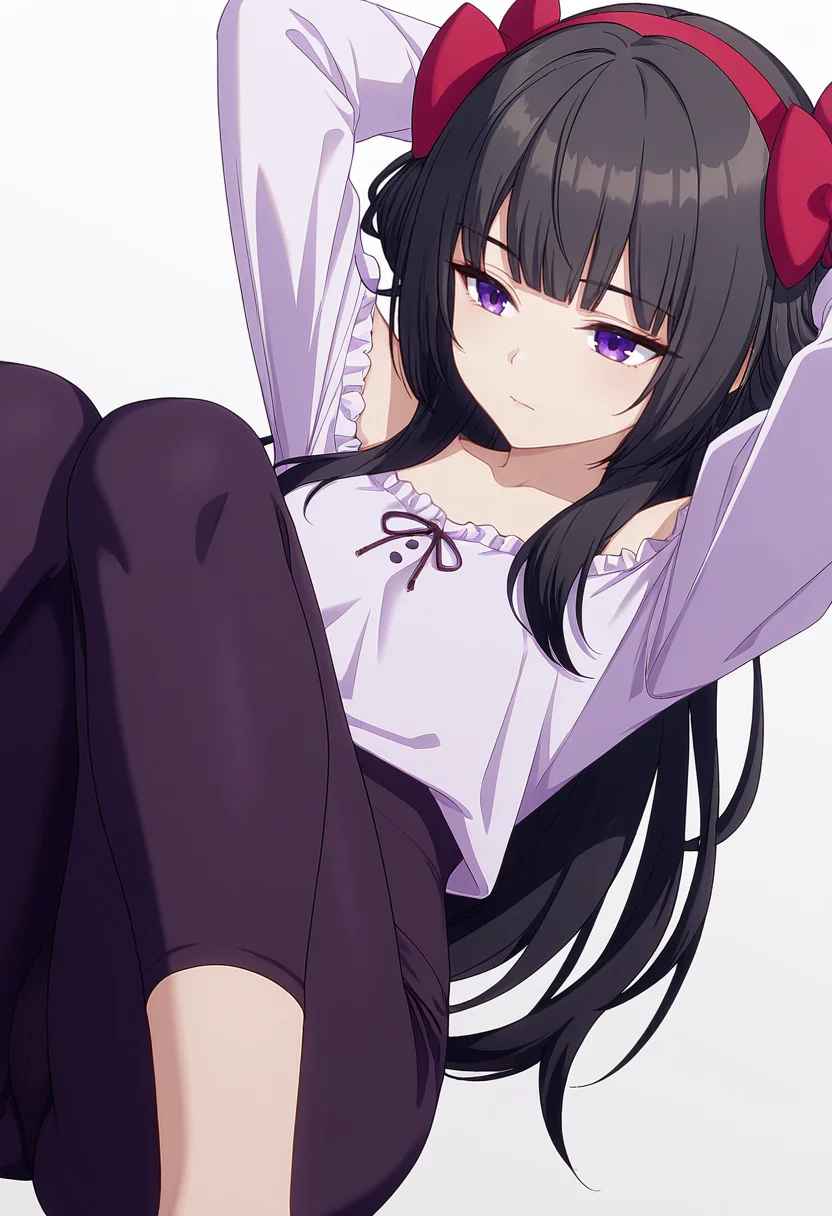 Smooth Quality,masterpiece,very intricate, high quality details, ultra realistic, high detailed skin,detailed enviorement,absurdres,
<lora:Amatsu_Karla_CNR:0.8> amatsu_cnr, 1girl,black hair, long hair, purple eyes, blunt bangs, sidelocks,hair bow, hairband,, simple background, white background, dutch angle,
lying, hands behind head, knee bent, relaxed, casual, ,pensive,, off-shoulder blouse, ,bishop sleeve blouse, ,leggings, ,