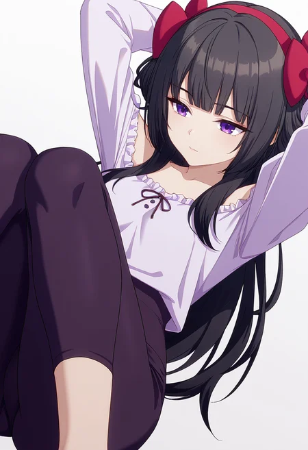 Smooth Quality,masterpiece,very intricate, high quality details, ultra realistic, high detailed skin,detailed enviorement,absurdres,
<lora:Amatsu_Karla_CNR:0.8> amatsu_cnr, 1girl,black hair, long hair, purple eyes, blunt bangs, sidelocks,hair bow, hairband,, simple background, white background, dutch angle,
lying, hands behind head, knee bent, relaxed, casual, ,pensive,, off-shoulder blouse, ,bishop sleeve blouse, ,leggings, ,