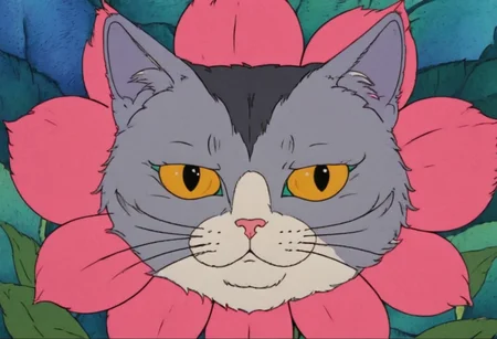 Flat 2D Art, <lora:HeavyMetalStyle-000009:1.2>,heavymetalstyle,of,a flower with a cat's face in the middle,, simple flat color, 2-dimensional, Flat 2D Art Style