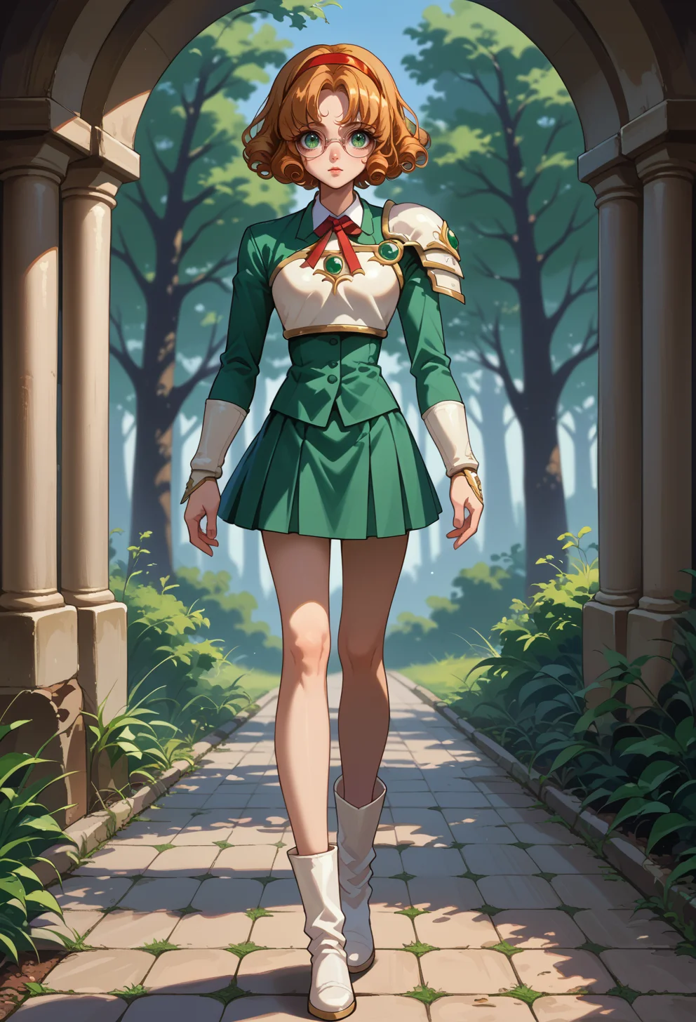 score_9, score_7_up, source_anime, solo, BREAK <lora:AEFuu-000009:0.9> 
green eyes, curly hair, parted bangs, short hair, glasses, rimless eyewear, round eyewear, red hairband, 
AEFuuKnight, ankle boots, breastplate, shoulder armor, white footwear,
standing,