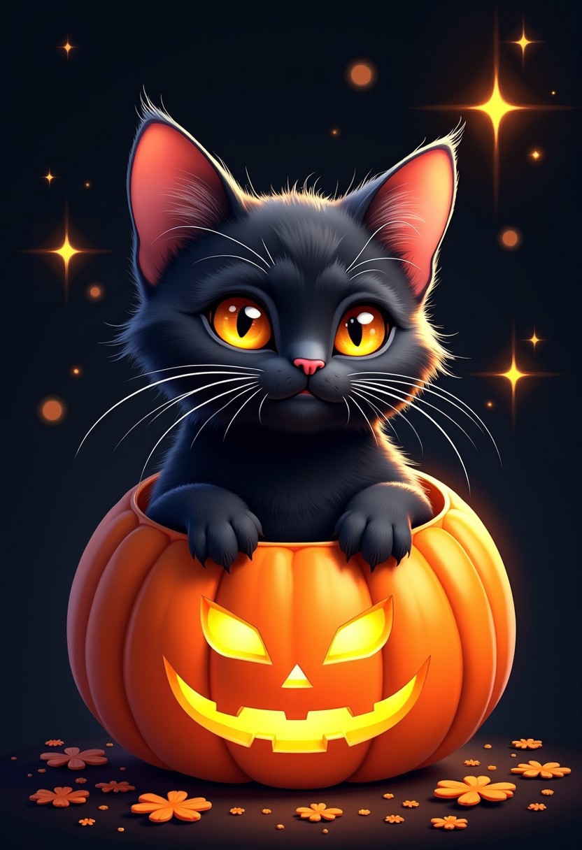 drawn, cartoon, colorful, an image of 8k image, professional, a black cat wearing a giant pumpkin costume, cathead inside pumpkin, magical, mysterious, majestic atmosphere, looking to viewer, sparkle in its eyes, black background, BREAK, its eyes are intense and radiant, with a mysterious shine that captivates viewers, BREAK, BREAK, Overall, the portrait conveys a feeling of magic, strength and deep connection to a magical moment,  Ink stains everywhere, cuteness overload, happy halloween theme