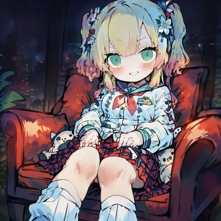 ((masterpiece, best quality, illustration)) (4K), (cinematic lighting),(eye detail, detailed hair, ((detailed fingers)) Kani fish highly detailed, 8K, UHD, ultra detailed, immersive picture, vivid colors, volumetric light, cinematic light, extremely detailed CG,1girl, solo, long hair, looking at viewer, blush, smile, bangs, skirt, blonde hair, hair ornament, long sleeves, holding, twintails, sitting, school uniform, green eyes, pink hair, flower, multicolored hair, pleated skirt, socks, virtual youtuber, hair flower, sailor collar, grin, sweater, two side up, neckerchief, plaid, gradient hair, red skirt, plaid skirt, cardigan, white flower, white socks, couch, knees up, red neckerchief, loose socks, momosuzu nene