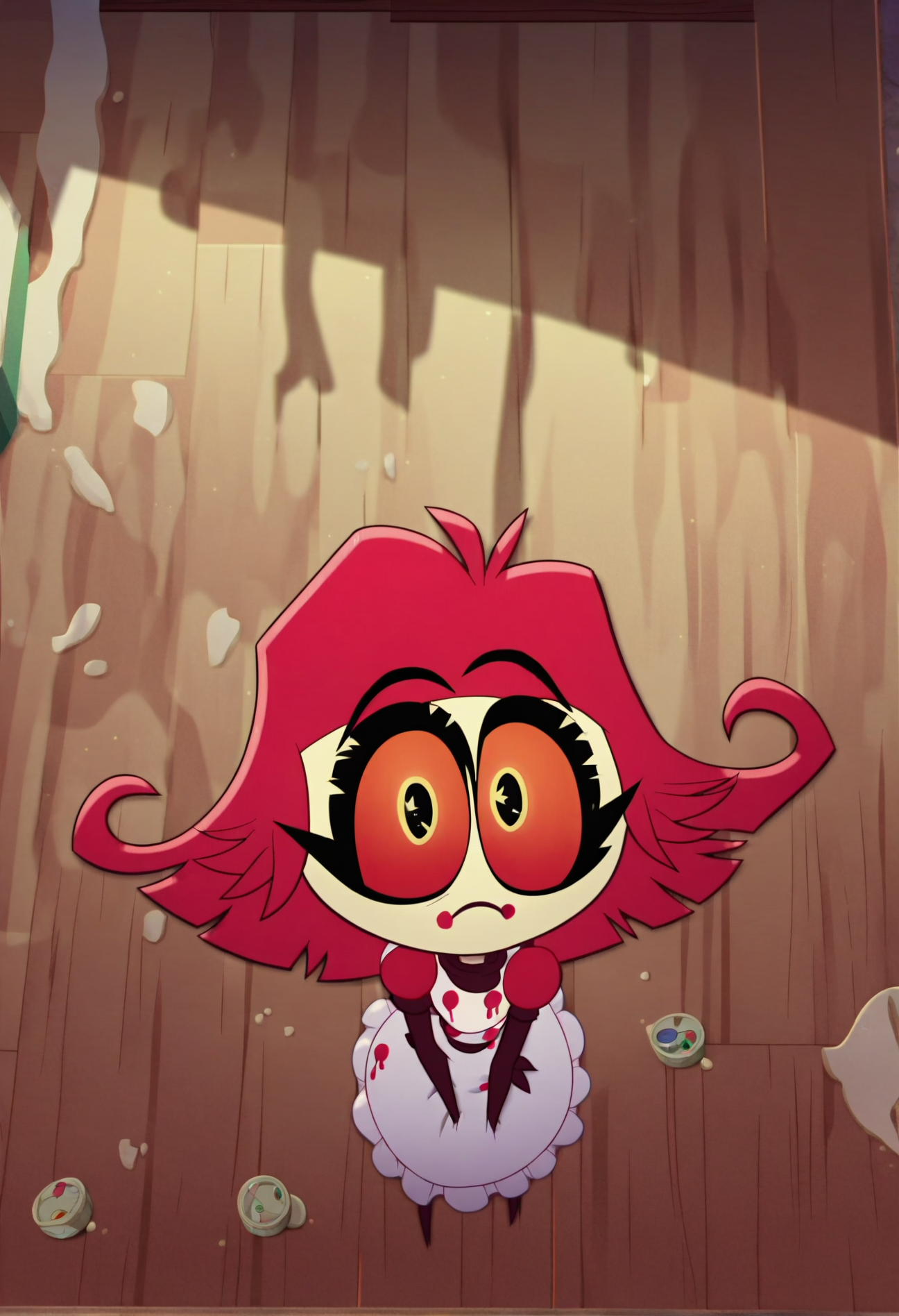 <lora:hazbin_hotel_ponyxl_v2-000025:1>, niffty, solo, from above, sparkling eyes, cute, floor, white apron, paint splatter, maid,
BREAK
score_9, score_8_up, score_7_up, score_6_up, (screencap:0.8)