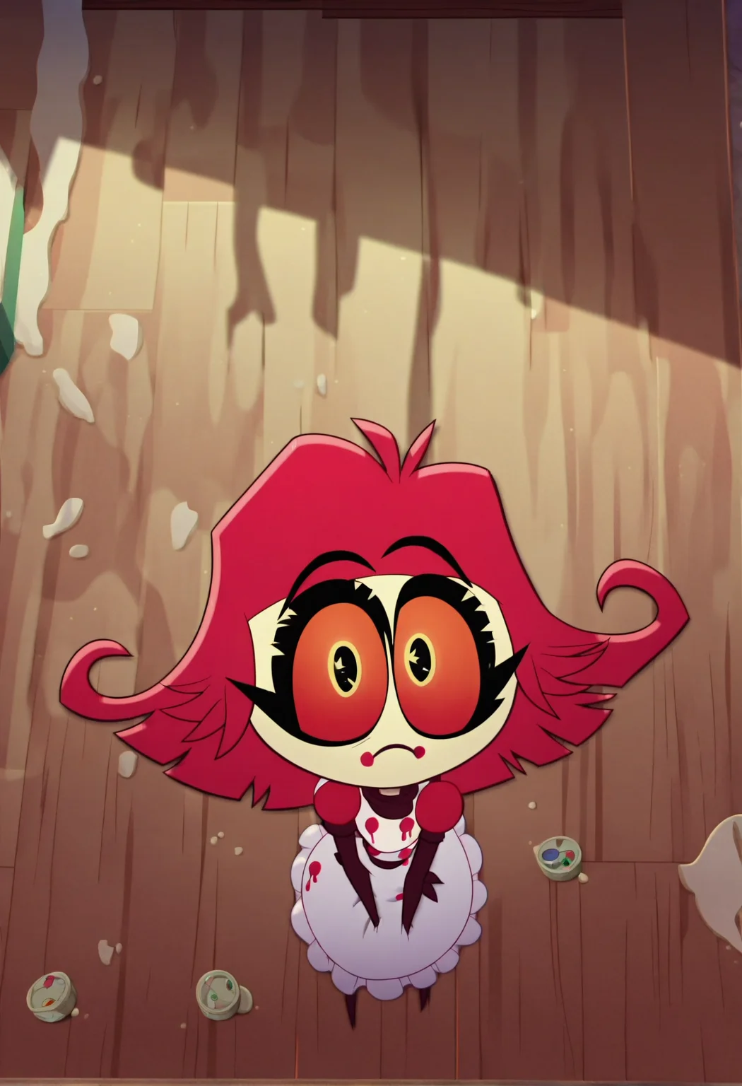 <lora:hazbin_hotel_ponyxl_v2-000025:1>, niffty, solo, from above, sparkling eyes, cute, floor, white apron, paint splatter, maid,
BREAK
score_9, score_8_up, score_7_up, score_6_up, (screencap:0.8)