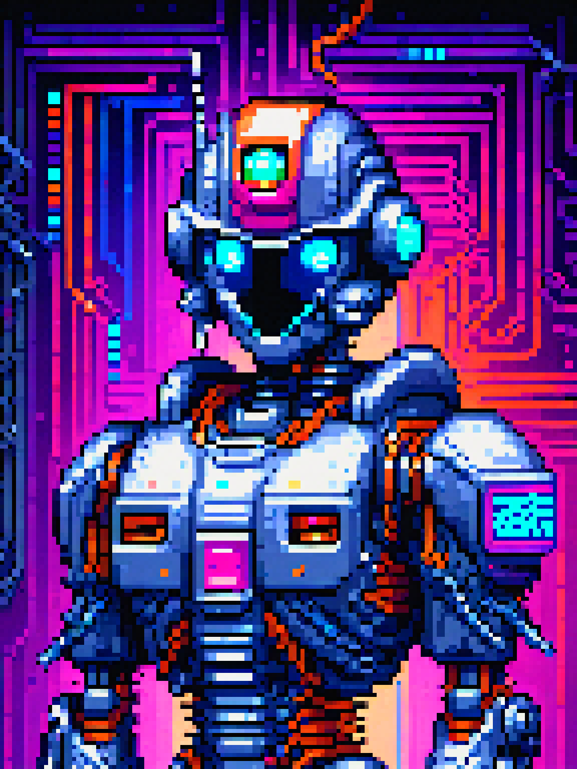 yamer_pixel_fusion, a futuristic robot, pixel art, made of metal and wires, neural network connections, red blue and orange wires, in front of the matrix, extremely detailed, masterpiece, 8k, 4k, vaporwave, <lora:Pixel_Fusion_LORA:1>