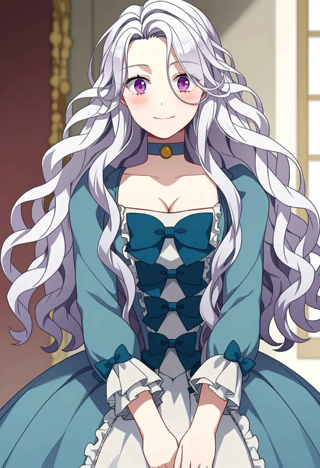 score_9, score_8_up, score_7_up, source_anime,
BREAK
1girl, solo, <lora:shiAbiMomV1:0.9>,
shiabidef, vnstyle,
white hair, purple eyes, long hair, wavy hair,
blue dress, frilled dress, frilled sleeves, long sleeves,
blue choker, blue bow, cleavage,
looking at viewer, smile, blush,