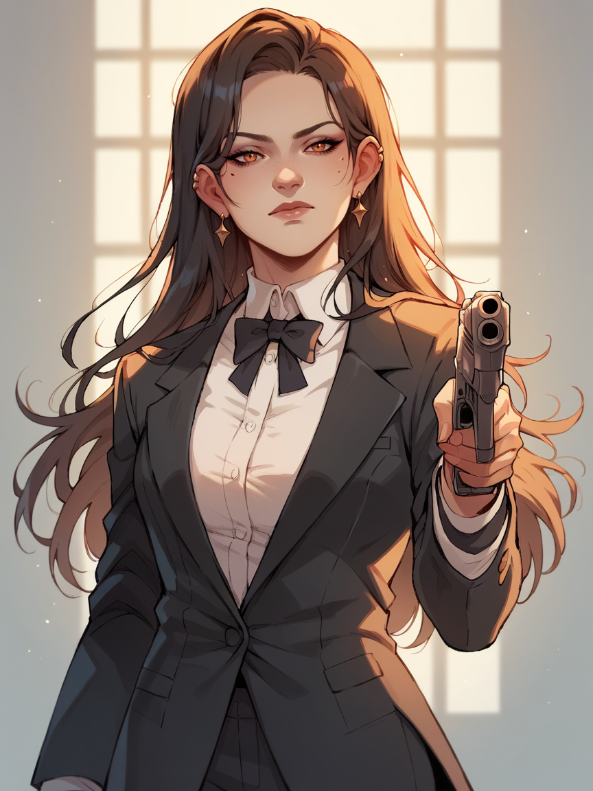 score_9, score_8_up, score_7_up, score_6_up,   <lora:sw4pXLP:0.8> sw4p, 1girl, long hair, holding handgun, suit