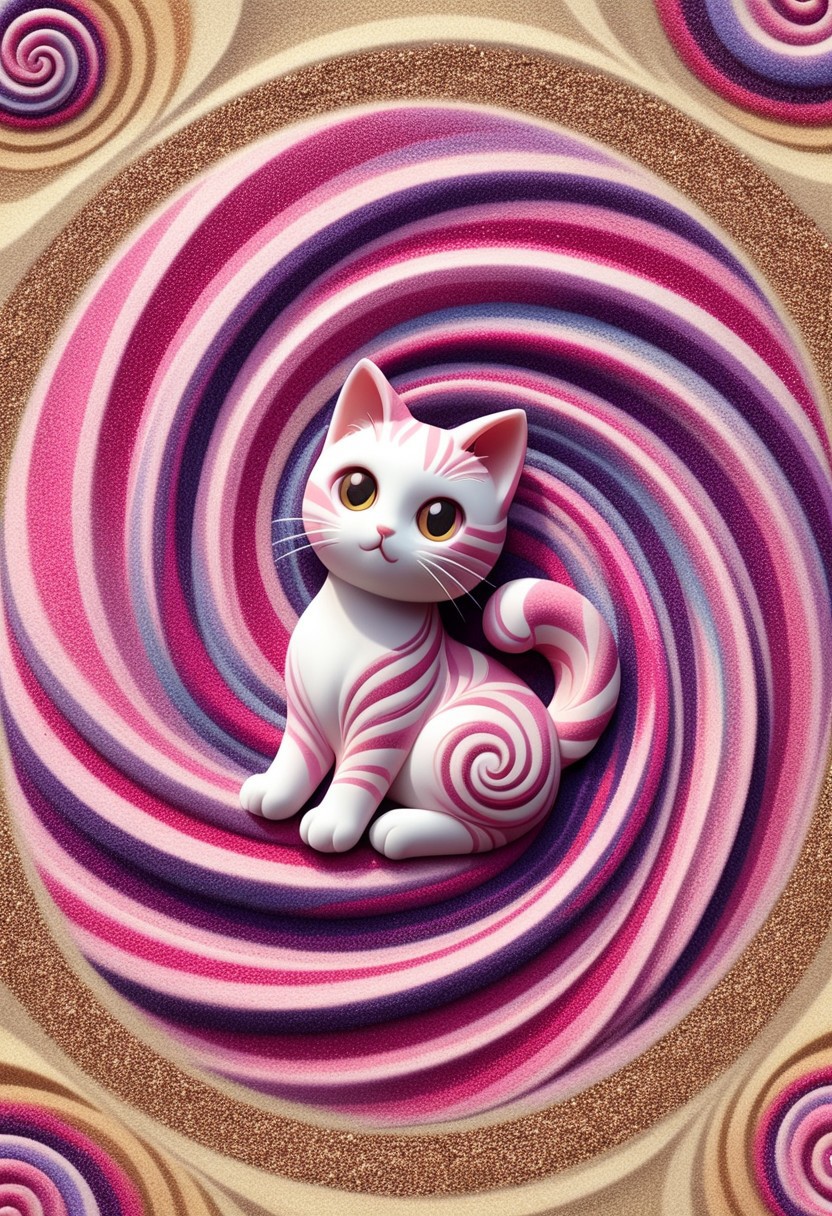 A cute chibi cat on in a swirl garden, kaleidoscopic illusions. sandswirl, swirling sand