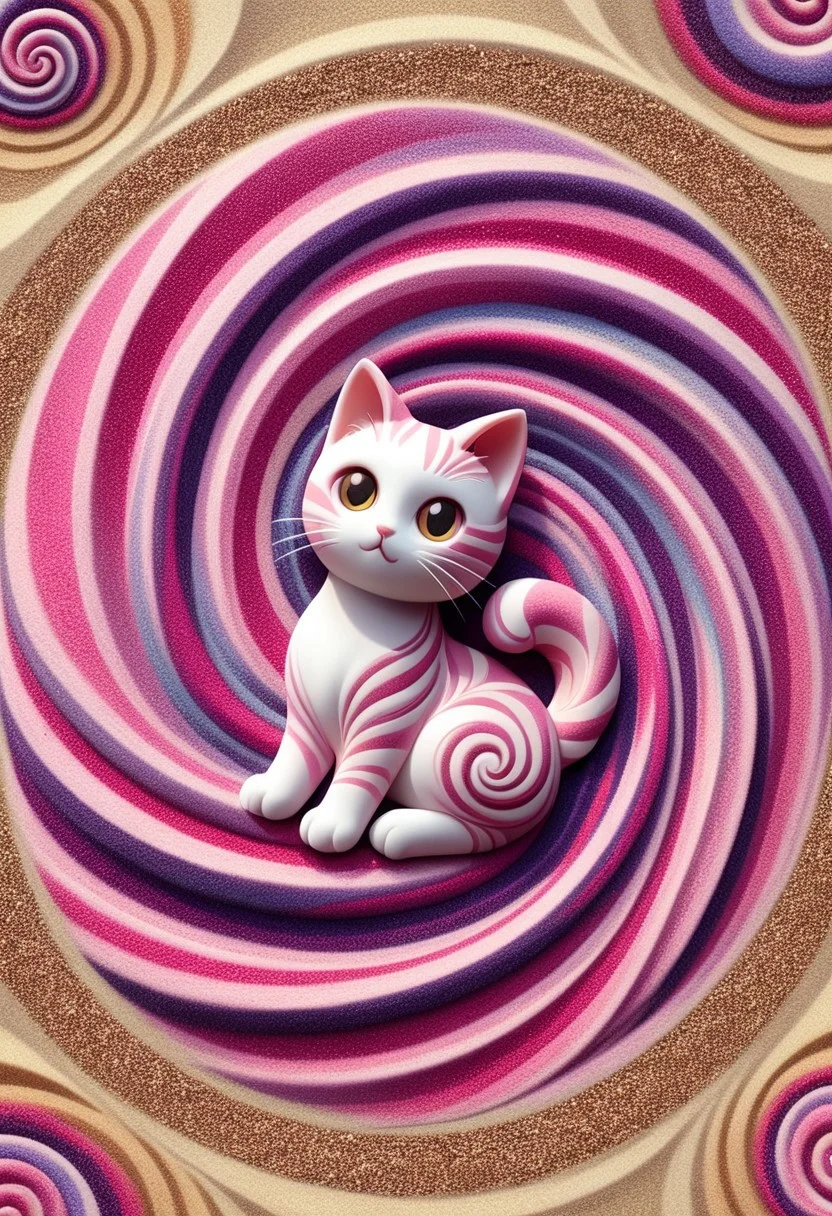 A cute chibi cat on in a swirl garden, kaleidoscopic illusions. sandswirl, swirling sand