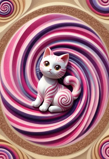 A cute chibi cat on in a swirl garden, kaleidoscopic illusions. sandswirl, swirling sand