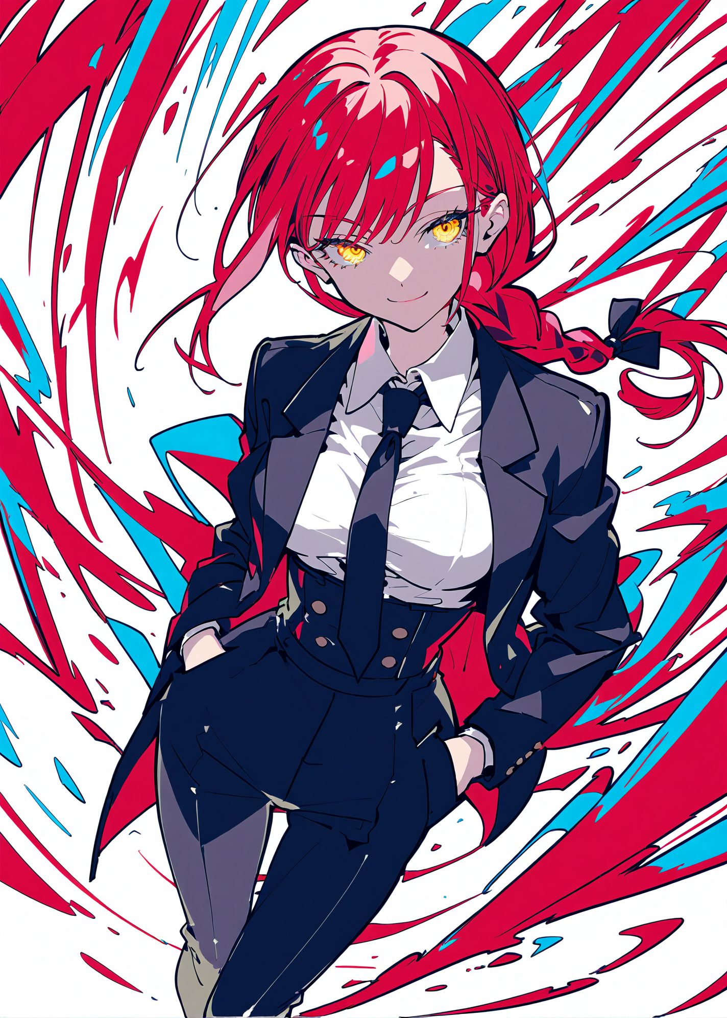 (score_9,score_8_up,score_7_up),(dramatic angle,dynamic pose,dynamic angle),
<lora:GIAST STYLE_tpony:0.8>,
,(giast:1.7),(colorful:1.3),(white background:1.2),,flat color, limited palette, low contrast,multicolored hair,
1girl, solo, braid, necktie, shirt, pants, black pants, black necktie, white shirt, braided ponytail, shirt tucked in, long hair, formal, collared shirt, suit, red hair, high-waist pants, black coat, coat, long sleeves, jacket, hand in pocket, breasts, black jacket, business suit, medium breasts, simple background, best quality, amazing quality, very aesthetic, absurdres,makima \(chainsaw man\), gold eyes, closed mouth, bloo,from above, looking up,  disdain, evil smile
