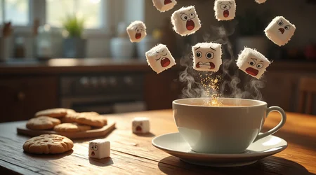 A surreal and humorous image of a steaming cup of tea, with several sugar cubes mid-air, falling into the tea. Each sugar cube has expressive cartoonish faces with wide, panicked eyes and open mouths, as if screaming in fear. One sugar cube is already submerged, turning golden as it dissolves. Wisps of steam rise gently from the tea, adding warmth to the scene. The background features a cozy wooden table with homemade cookies and a softly blurred kitchen, creating a warm and inviting atmosphere. The lighting is soft and natural, enhancing the whimsical and playful mood of the image.