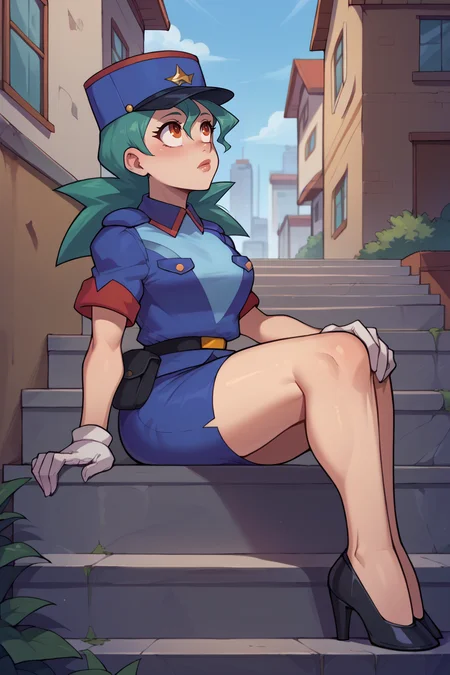 score_9, score_8_up, score_7_up, score_6_up, source_anime, BREAK 1girl <lora:pkmnjenny-pdxl-nvwls-v1-000005:1> pkmnJenny, green hair, blue hat, police uniform, blue shirt, short sleeves, belt, pencil skirt, white gloves, high heels, stairs, sitting on stairs, outdoors, city, looking up, from side