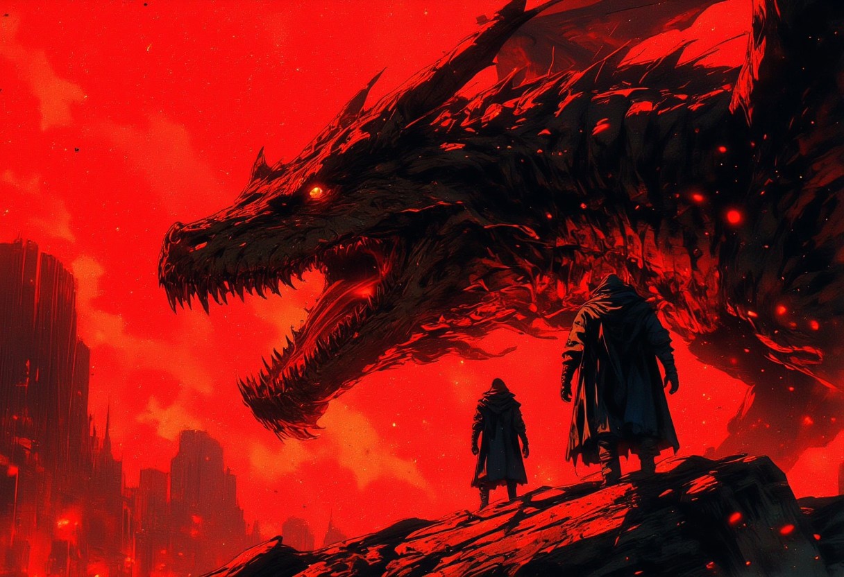 A man in a cloak stands alone in front of a giant dragon. The background is completely red, which gives the scene a tense and gloomy atmosphere. The dragon leaned forward, opening its mouth as if preparing to attack or give a human a chance to approach