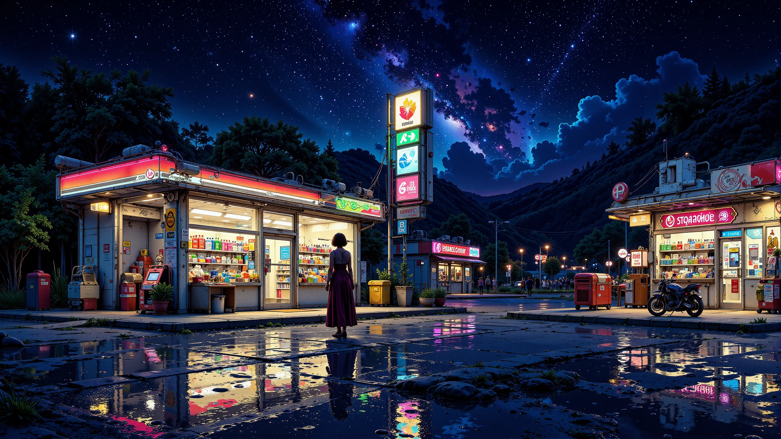 convenience store beautiful  landscape, bright luminous starry night, woman, very intricate, very detailed, sharp, bright, colorful, <lora:Hand v2:0.5> <lora:Anti-Blur:1><lora:Insane Detail Slider:0.25>  <lora:flux.1_lora_flyway_Epic-detail_v2:0.3> <lora:fluxenhancer:0.25> <lora:ck-Neon-Retrowave:0.4> ck-rw, in the style of ck-rw,  <lora:Neurocore Anime Cyberpunk:0.8> A digital artwork in the style of cknc