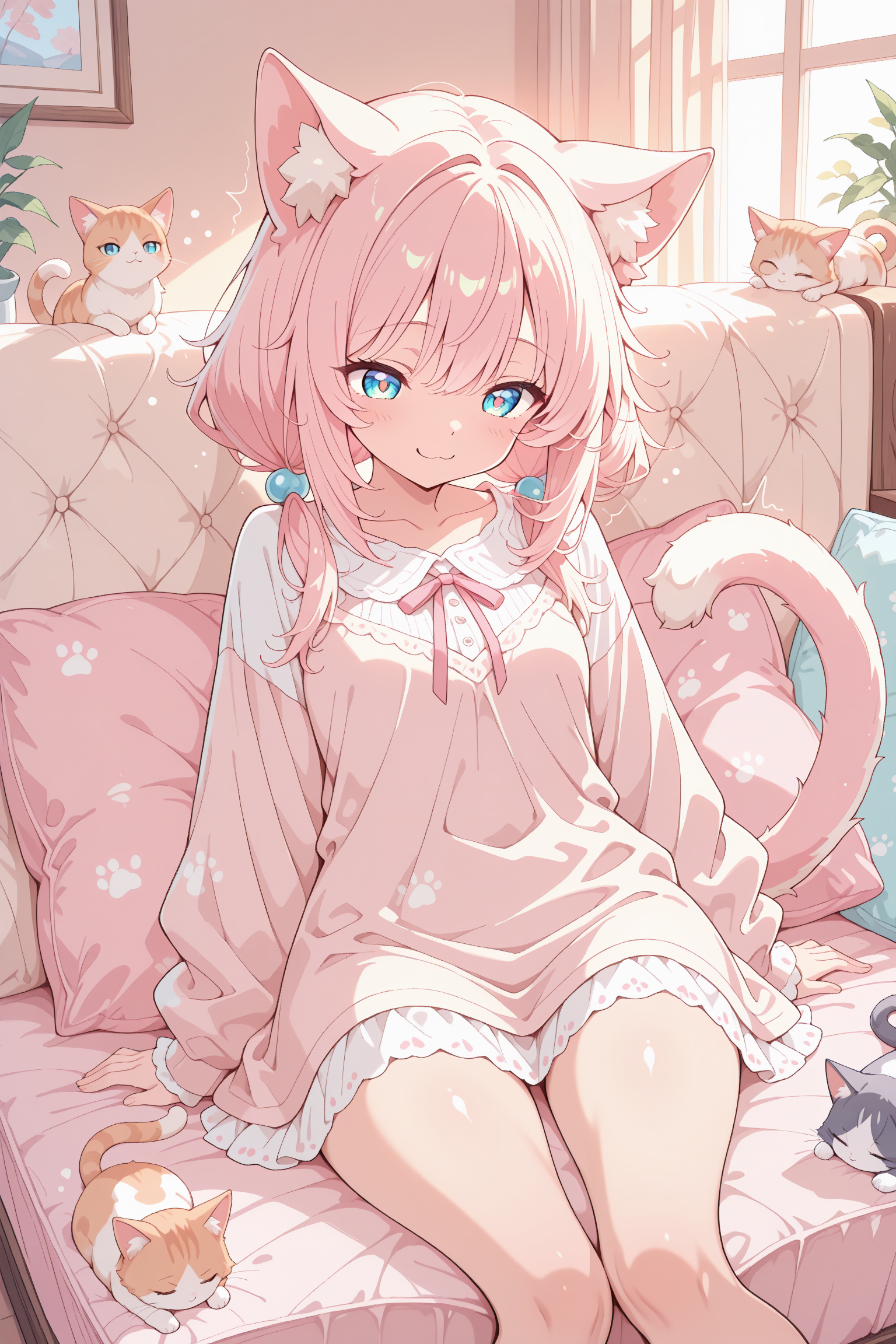 , masterpiece, best quality, highres, absurdres, anime style, adorable cat girl, playful expression, twitching cat ears, curled tail, bright inquisitive eyes, soft pastel colors, wearing comfortable casual clothes, sitting or lying down in a cozy setting, surrounded by soft objects, warm lighting, detailed fur texture,lazypos2,