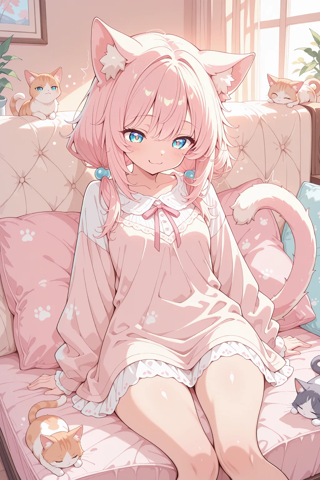, masterpiece, best quality, highres, absurdres, anime style, adorable cat girl, playful expression, twitching cat ears, curled tail, bright inquisitive eyes, soft pastel colors, wearing comfortable casual clothes, sitting or lying down in a cozy setting, surrounded by soft objects, warm lighting, detailed fur texture,lazypos2,