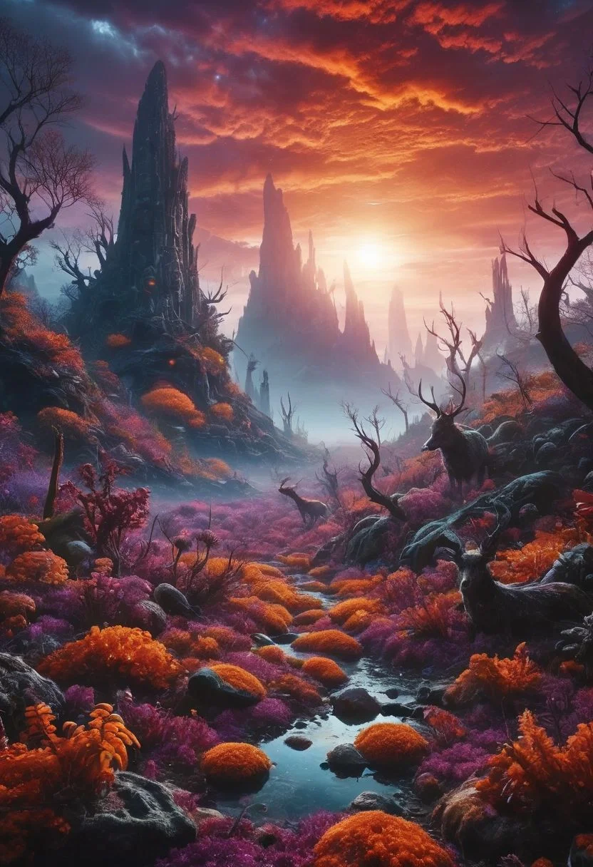 ral-apoctvisn, dark, chiaroscuro, low-key, breathtaking masterpiece showcasing a bizarre and frightening jungle like eco system on a distant exo-planet orbiting a dim red sun, a strange and fascinating world, an unknown millipede-like creature with orange and white patterns on it is crawling from a strange looking plant, otherwordly dark purple and blue vegetation, bio-luminescent dog-deer creature, something like a dragonfly with white and yellow patterns flies, astonishing imaginative scene for another planet, ultra realistic, captivating, highest quality, amazing bulbous rock formations in the background, realm of unparalleled biodiversity and astonishing layered plant life- somewhat like a jungle on Earth but with life, water with a greeb tint, all life in the scene is adapted to an exo-planet that orbits a red supergiant star, an unfamiliar sky with trippy clouds, flawless, 8k, UHD, crisp imagine reveals details of newly discovered flora and fauna from a strange dark world
easynegative,
