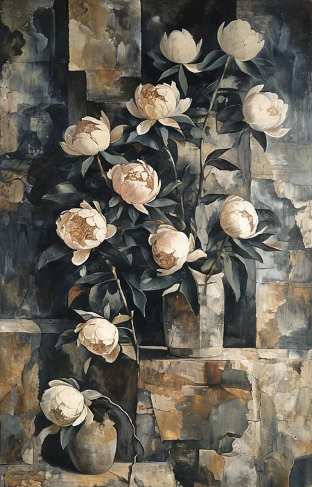 masterpiece,best quality,<lora:tbh215-sdxl:0.9>,illustration,style of Georges Braque decaying peonies