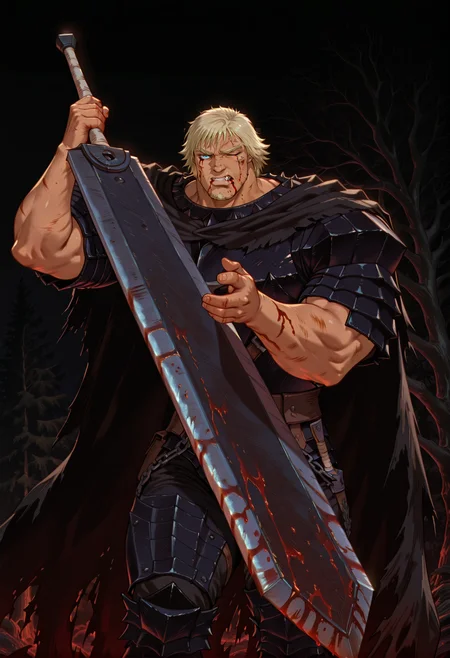 masterpiece, best quality, absurdres
 <lora:dobri:1>dobriba, 1boy, male focus, facial hair, solo, scar, beard, blood, blue eyes, blonde hair, one eye closed,  chain, scar across eye, injury, scar on face, g1t5, 1boy, male focus, one-eye closed, looking at viewer, fierce expression, gritting teeth, fanged teeth, battle, nature, tree, smog, 
 <lora:noobai_vpred_1_masterpieces_v23:0.7> masterpiece, best quality, very aesthetic <lora:DarkerThanBlackIllustrious:0.5>  night <lora:NOOB_vp1_detailer_by_volnovik_v1:1>  <lora:DragonSlayerSword-Il.V1.0:0.7> DragonSlayerSword-Il.V1.0, wielding-dragonslayer, , huge weapon, sword, holding sword, holding weapon <lora:BerserkILLUSTRIOUS:0.7> berserk, Guts_Armor, black armor, full armor, leg armor, black pants, torn cape, tanned skin, berserk, black background, hands up,