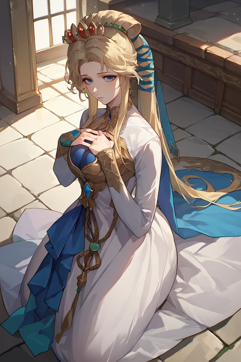 score_9, score_8_up, score_7_up, score_6_up, source_anime, 1girl, solo, <lora:fenyna-pdxl-nvwls-v1-000005:1> fenyna, blonde hair, hair ribbon, crown, white dress, long dress, long sleeves, large breasts, kneeling, looking at you, indoors, stone floor, from above, hand on own chest