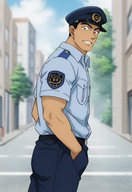 1boy, watarudate_conan, black eyes, black hair, spiked hair, police uniform, police hat, score_8_up, score_7_up, score_6_up, score_9, manly, muscle, young, a muscular man in a street, centered, looking at viewer, face_focus, (detailed eyes), 8k uhd, high quality, anime color, cinematic angle, standing on street, on side,smile