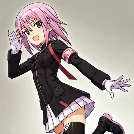 shiny skin,,1girl,,solo, score_9, score_8_up, score_7_up, source_anime,anime screencap,:d,smile,shimada fumikane (style),yotsuyu,pink hair,animacion_y,armband,black jacket,white miniskirt,white gloves,black thighhighs,black footwear,jumping,,ng_deepnegative_v1_75t,an14