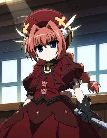 score_9, score_8_up, score_7_up, source_anime, <lora:vita-movie2-ponyxl-lora-nochekaiser:1>, vita, blue eyes, braid, ahoge, red hair, twin braids, rabbit hair ornament,, gloves, hat, dress, weapon, open clothes, open jacket, magical girl, red dress, cropped jacket, hammer,, cafe, coffee cup, barista, sitting down, talking, relaxing, sunlight through window, , looking at viewer, from below, solo,, dutch angle,