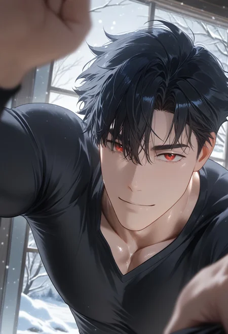 //General, masterpiece,best quality,amazing quality, source_anime, intricately detailed illustration, very aesthetic, absurdres, newest, anime coloring, subsurface scattering, , natural lighting, Expressiveh, detailed skin, shiny skin,aesthetics light, depth of field, vibrant colors,
//Fashion, black shirt, long sleeves,
//Background, castle interior, indoors, snow background outside the window,
//Others, 1boy, male focus, solo male, manly body,
//Action, looking at viewer, light smile, close up, upper body,
BREAK,
anos_voldigoad, black hair, red eyes
