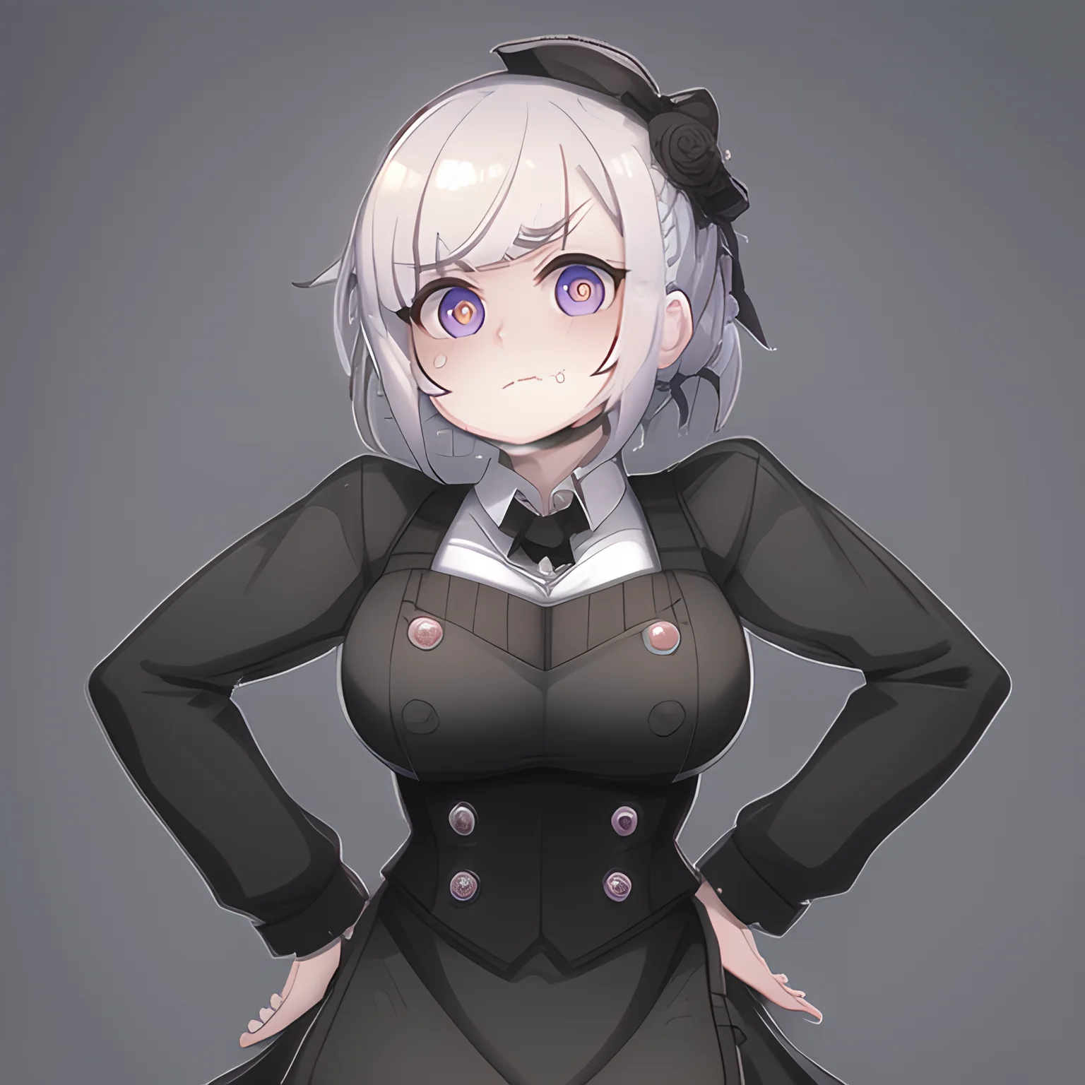 a woman, apron, moody face, goth, <lora:DX:1>