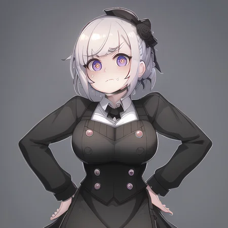 a woman, apron, moody face, goth, <lora:DX:1>