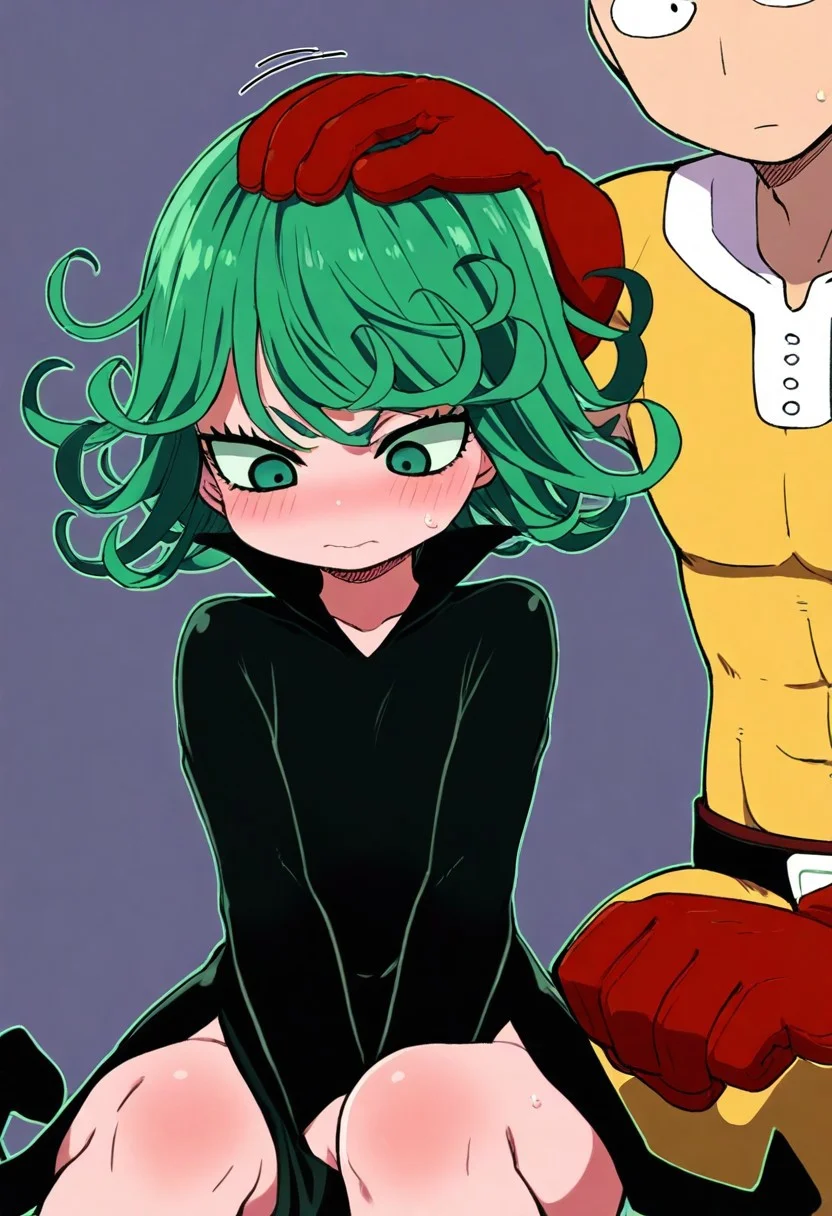 long hair, blush, sitting, head pat, (red glove, saitama's hand),
zzTatsumaki, green eyes, green hair, black dress,
blush, looking down, embarrassed,