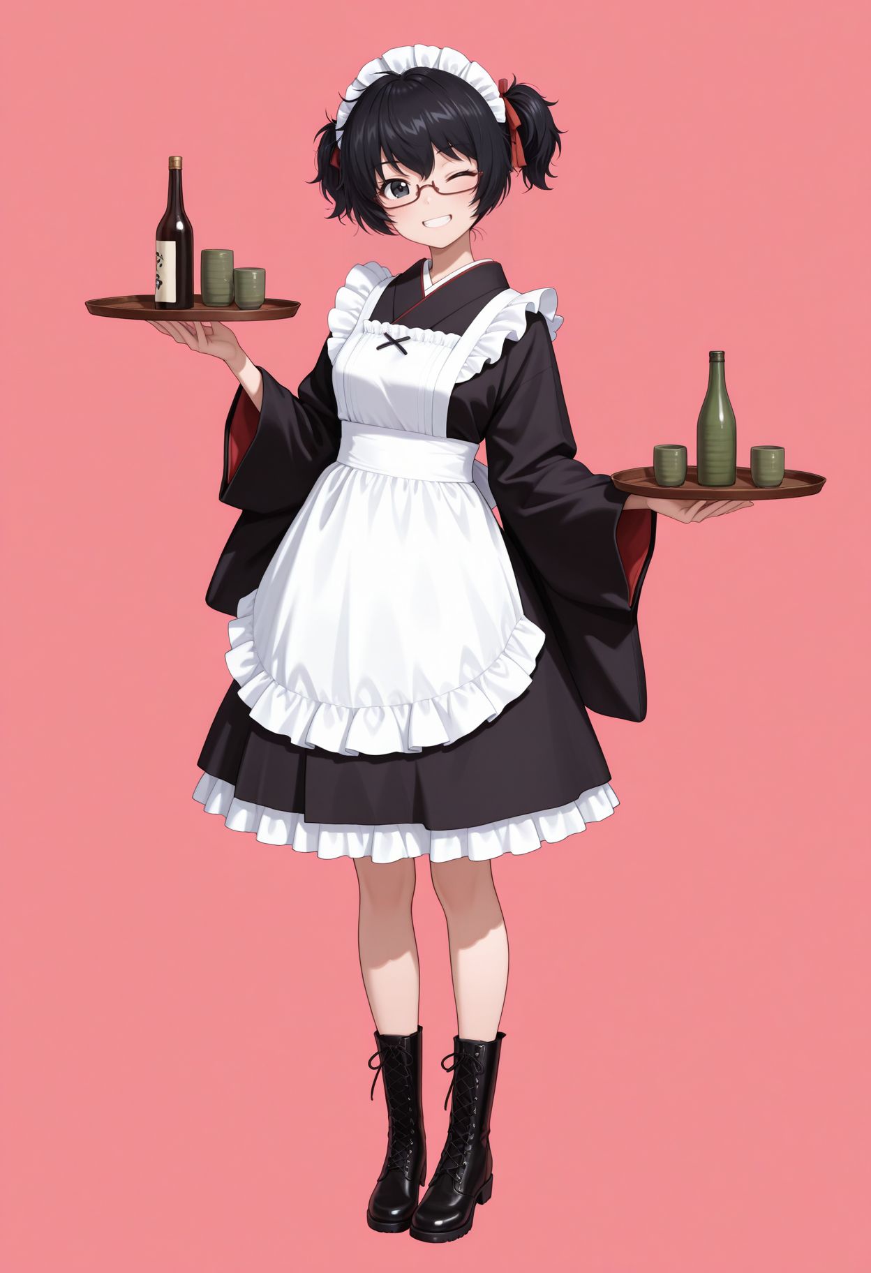 masterpiece,best quality,absurdres,highres,very aesthetic,high quality,detailed,insanely detailed,beautiful,perfect lighting, looking at viewer 
 <lora:Oryou illu:1>1girl, glasses, cross-laced footwear, standing, one eye closed, smile, maid headdress, black hair, under-rim eyewear, holding tray, lace-up boots, maid apron, black footwear, japanese clothes, looking at viewer, wa maid, short ponytail, frills, black eyes, messy hair, cup, short twintails, hair ribbon, grin, long sleeves, white apron, alternate costume, short hair, medium dress, kimono, wide sleeves, enmaided, red background, alternate hairstyle, full body, frilled apron, pink background, bottle, red ribbon, frilled dress, , black dress