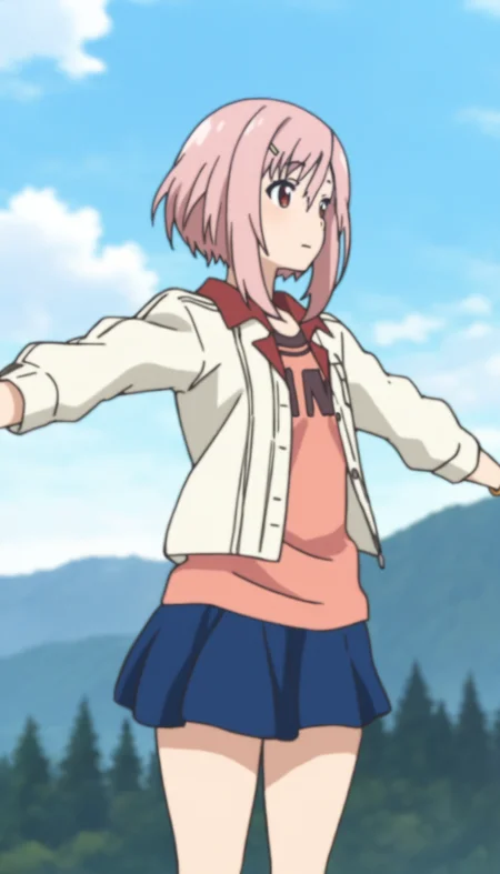 masterpiece,best quality,amazing quality,
<lora:yoshinokoharuNAI:1>,yoshinokoharu,
1girl,solo,pink hair,short hair,bangs,yellow hairpin,red eyes,white jacket,orange tank top,character print on tank top,blue pleated skirt,yellow bracelet,cowboy shot,standing,spread arms,outdoors,day,blue sky,cloud,hill,trees,depth of field,