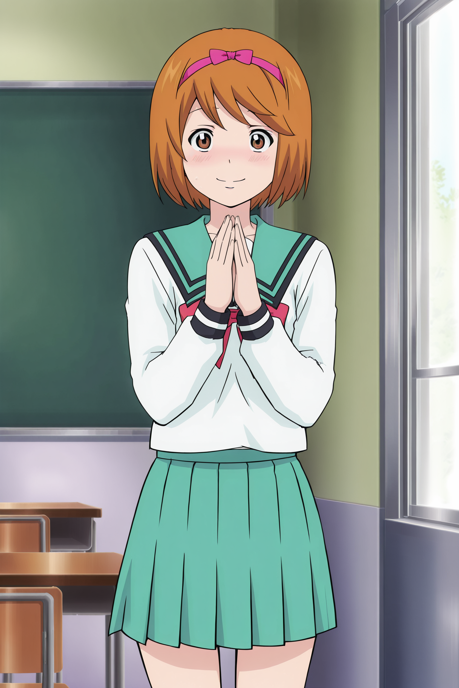 anime screencap, anime coloring, detailed face, masterpiece, best quality, very aesthetic, absurdres, volumetric lighting, official style, amazing quality, ultra detailed,  highres, amazing quality, scenery, beautiful detailed hair, beautiful detailed eyes, defined fingers, five fingers,
<lora:StS-Illustrious-Detail-Slider-v1.0:4>
 <lora:Chiyo_Yumehara_The_Disastrous_Life_of_Saiki_K.:1>
in a classroom,
Chiyo Yumehara (character), 1girl, solo, short hair, school uniform, brown eyes, hairband, brown hair, smile, serafuku, sailor collar, bow, blushing, embarrassed, pink hairband, pleated skirt, looking at the viewer, hands together