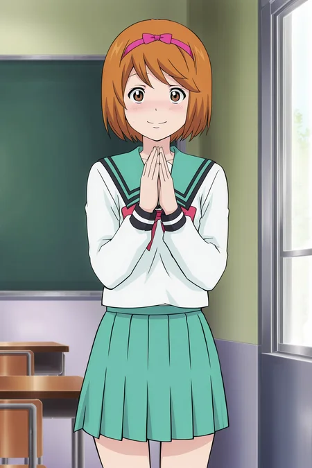 anime screencap, anime coloring, detailed face, masterpiece, best quality, very aesthetic, absurdres, volumetric lighting, official style, amazing quality, ultra detailed, highres, amazing quality, scenery, beautiful detailed hair, beautiful detailed eyes, defined fingers, five fingers,
<lora:StS-Illustrious-Detail-Slider-v1.0:4>
<lora:Chiyo_Yumehara_The_Disastrous_Life_of_Saiki_K.:1>
in a classroom,
Chiyo Yumehara (character), 1girl, solo, short hair, school uniform, brown eyes, hairband, brown hair, smile, serafuku, sailor collar, bow, blushing, embarrassed, pink hairband, pleated skirt, looking at the viewer, hands together