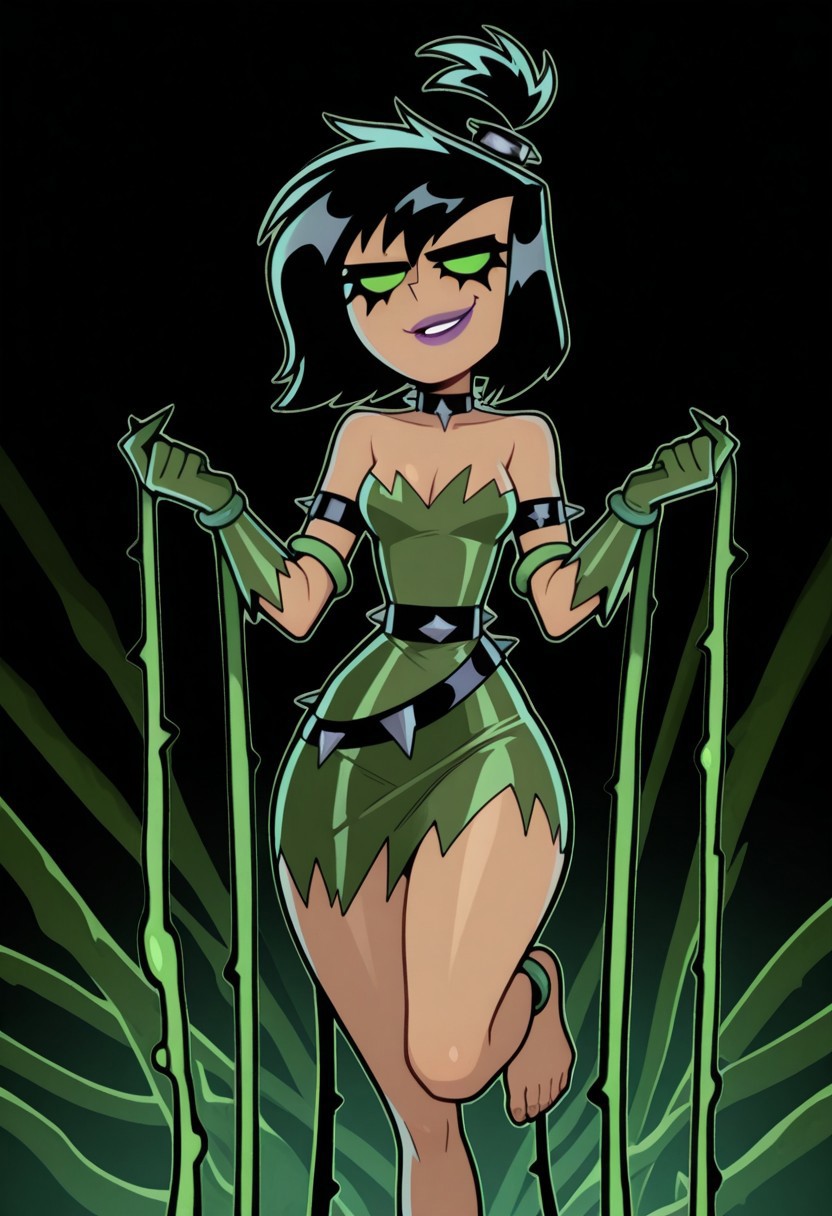 1girl, solo, Possessed Sam Manson, sam manson, black garter, punk hairtie, green tube dress, ragged clothes, green opera gloves, choker, tan skin, small breasts, wide hips, bare collarbone, bare thighs, bare legs, bare feet, cleavage, bare shoulders, runny mascara, solid green eyes, goth girl, barefoot, topknot, short hair, black hair, punk hairtie, wild hair, evil eyes, teasing, sexy, posing, tendrils, smug, purple lips, slim waist, curvy