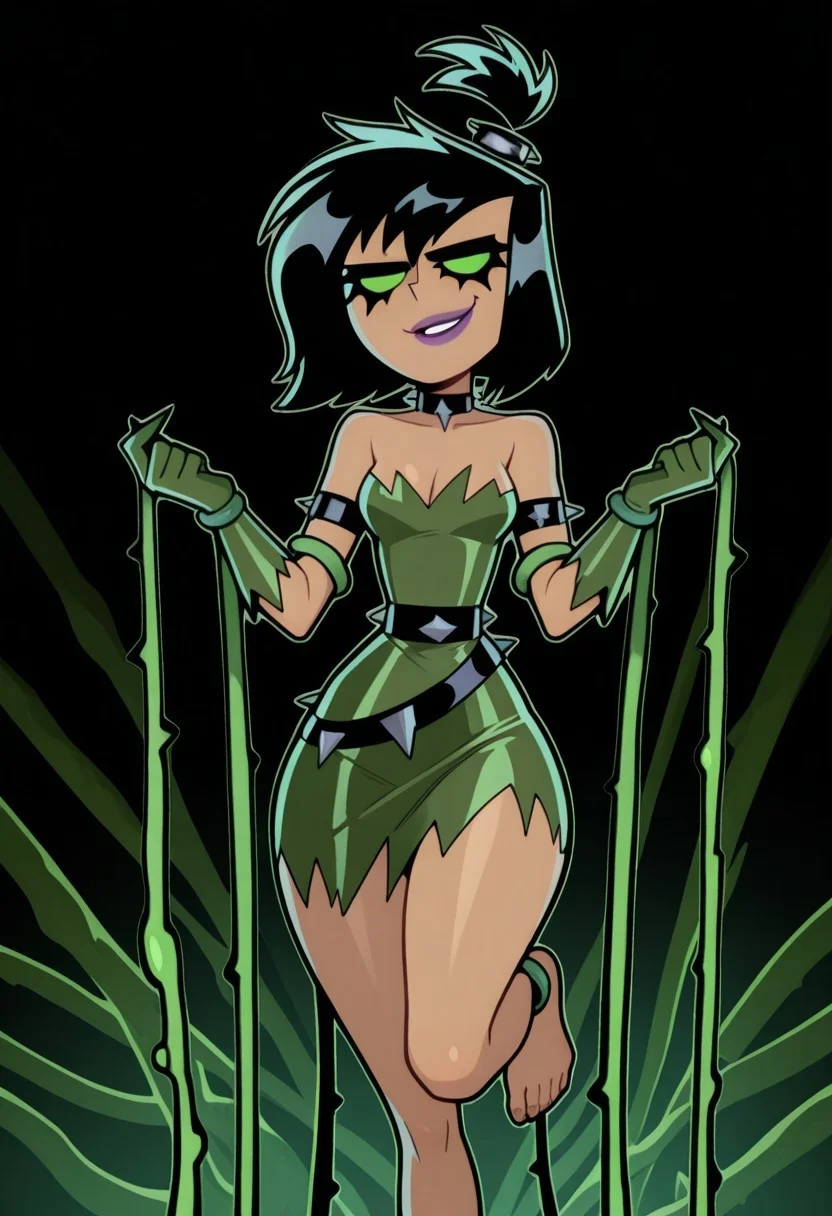 1girl, solo, Possessed Sam Manson, sam manson, black garter, punk hairtie, green tube dress, ragged clothes, green opera gloves, choker, tan skin, small breasts, wide hips, bare collarbone, bare thighs, bare legs, bare feet, cleavage, bare shoulders, runny mascara, solid green eyes, goth girl, barefoot, topknot, short hair, black hair, punk hairtie, wild hair, evil eyes, teasing, sexy, posing, tendrils, smug, purple lips, slim waist, curvy