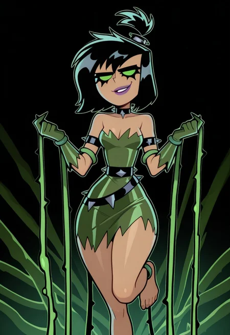 1girl, solo, Possessed Sam Manson, sam manson, black garter, punk hairtie, green tube dress, ragged clothes, green opera gloves, choker, tan skin, small breasts, wide hips, bare collarbone, bare thighs, bare legs, bare feet, cleavage, bare shoulders, runny mascara, solid green eyes, goth girl, barefoot, topknot, short hair, black hair, punk hairtie, wild hair, evil eyes, teasing, sexy, posing, tendrils, smug, purple lips, slim waist, curvy