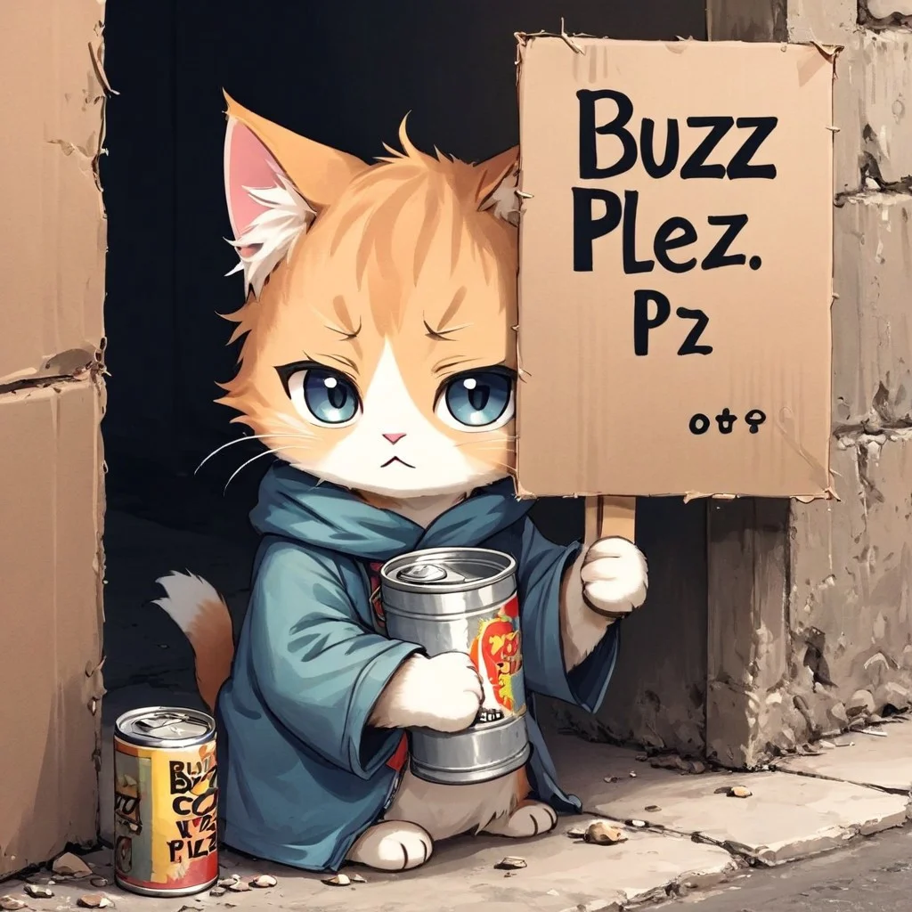 Sad homeless beggar kitten holding a tin cup, with a cardboard sign that says "Buzz Plz", anime comic-book style art