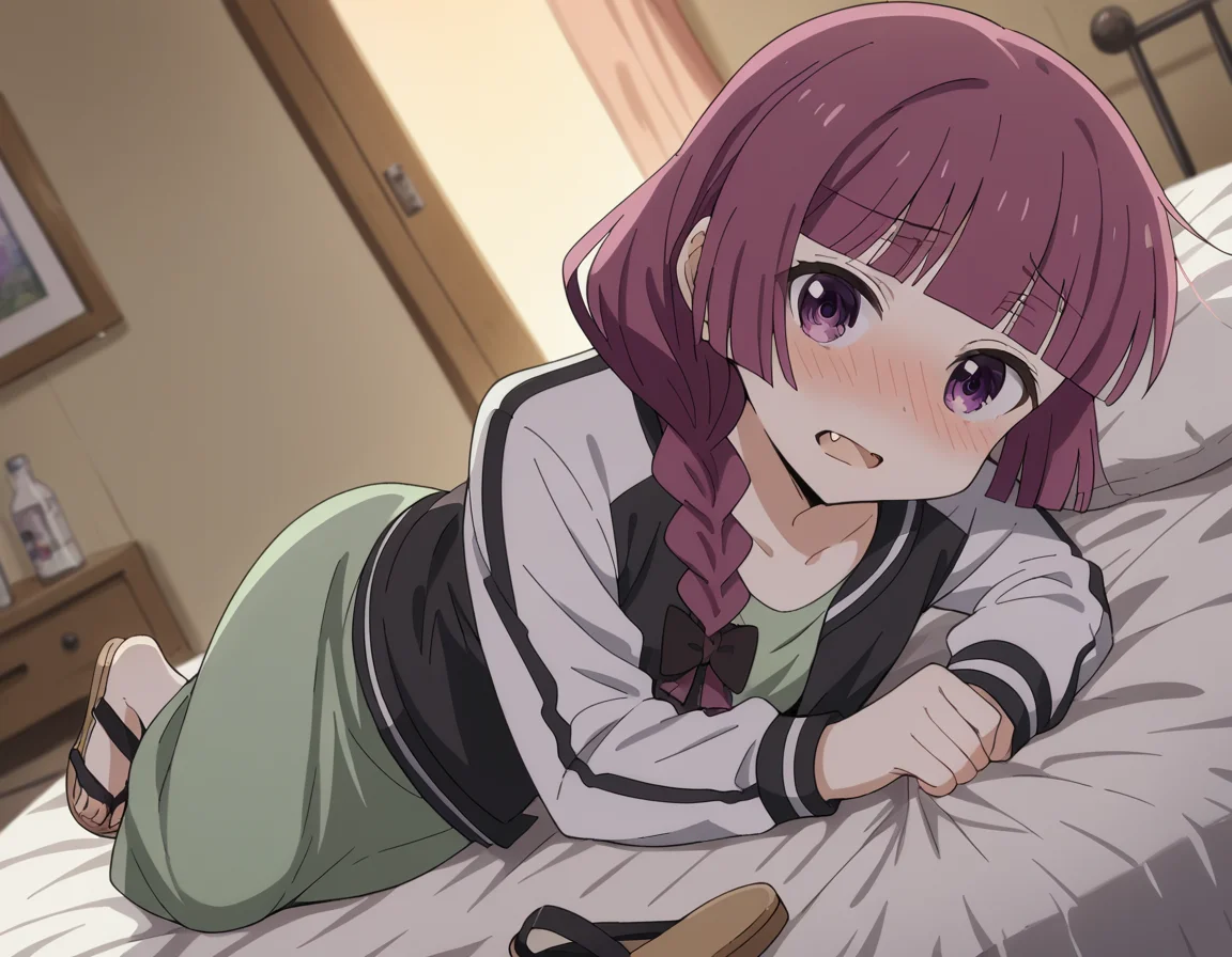 score_9, score_8_up, score_7_up, source_anime,
kikurihiroi, <lora:kikuri-hiroi-s1-ponyxl-lora-nochekaiser:1>,
kikuri hiroi, black bow, blunt bangs, braid, purple eyes, fang, hair bow, hair over shoulder, long hair, purple hair, sidelocks, single braid,
black jacket, brown footwear, collarbone, dress, green dress, jacket, long sleeves, open clothes, open jacket, raglan sleeves, sandals, white sleeves,
indoors, bed, bed room, on side, blush, drunk,
cowboy shot, solo, dutch angle, looking at viewer,