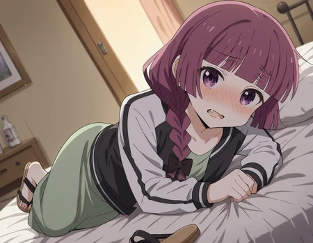score_9, score_8_up, score_7_up, source_anime,
kikurihiroi, <lora:kikuri-hiroi-s1-ponyxl-lora-nochekaiser:1>,
kikuri hiroi, black bow, blunt bangs, braid, purple eyes, fang, hair bow, hair over shoulder, long hair, purple hair, sidelocks, single braid,
black jacket, brown footwear, collarbone, dress, green dress, jacket, long sleeves, open clothes, open jacket, raglan sleeves, sandals, white sleeves,
indoors, bed, bed room, on side, blush, drunk,
cowboy shot, solo, dutch angle, looking at viewer,